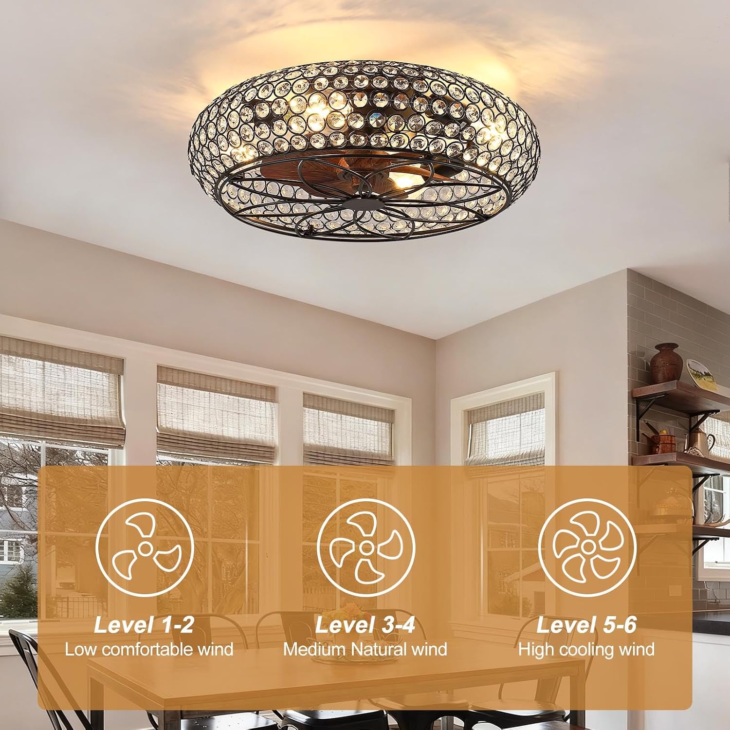 Modern Fandelier Crystal Ceiling Fans with Lights and Remote, 20-Inch Low Profile Bladeless Flush Mount Caged Ceiling Fan for Bedroom, Kitchen,Living Room,Small Ceiling Fan with Light with 6 Speed