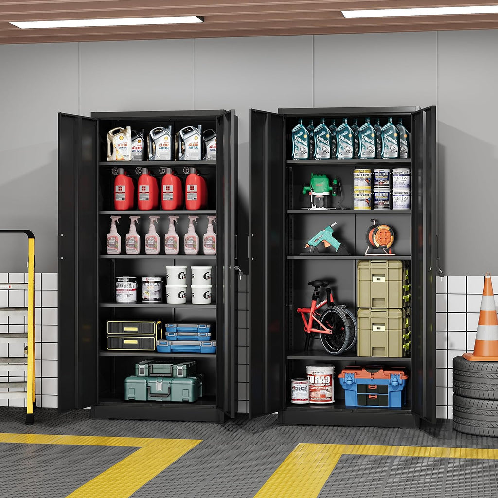DEVAISE Metal Garage Storage Cabinet with 2 Doors and 5 Adjustable Shelves, 71'' Black Lockable Steel File Cabinet for Garage, Home, Office, Shool, Gym