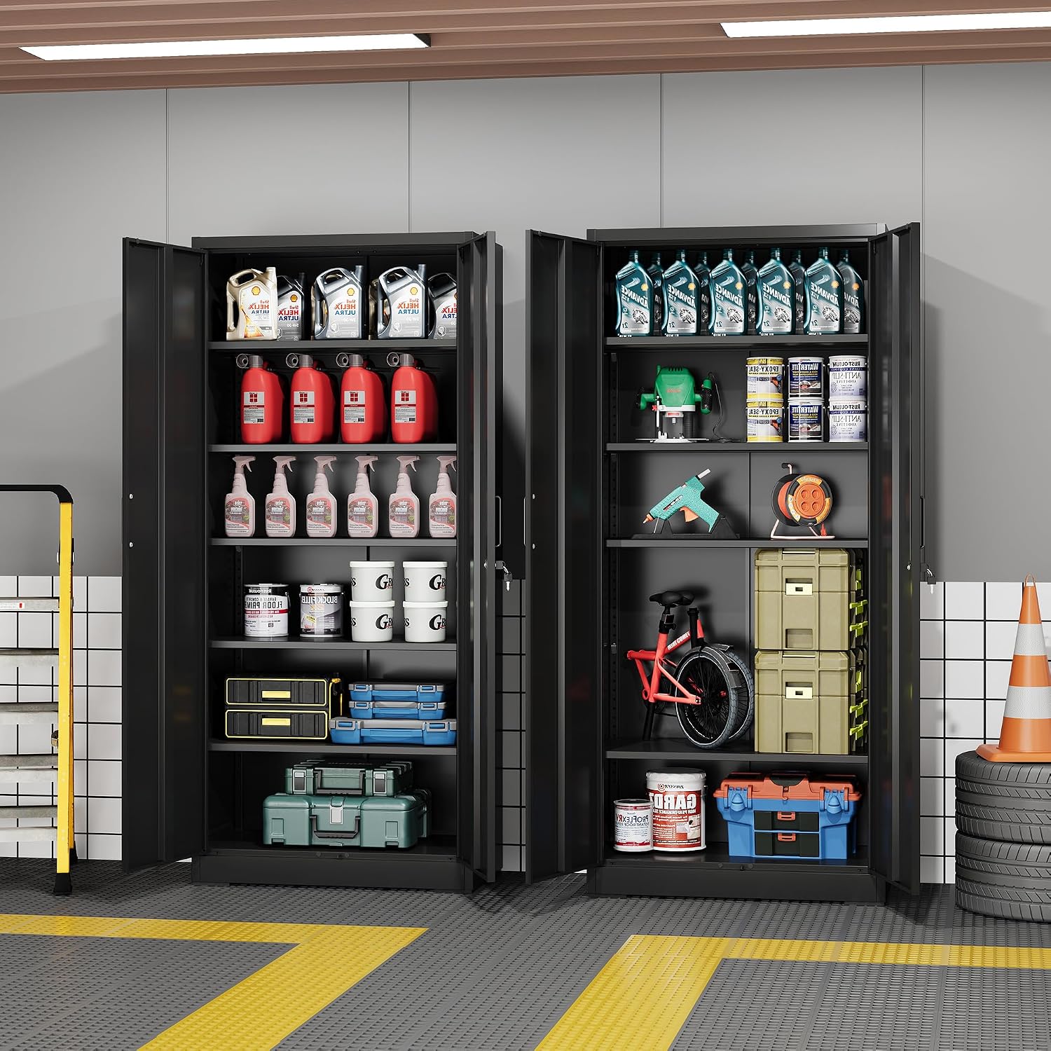 DEVAISE Metal Garage Storage Cabinet with 2 Doors and 5 Adjustable Shelves, 71'' Black Lockable Steel File Cabinet for Garage, Home, Office, Shool, Gym