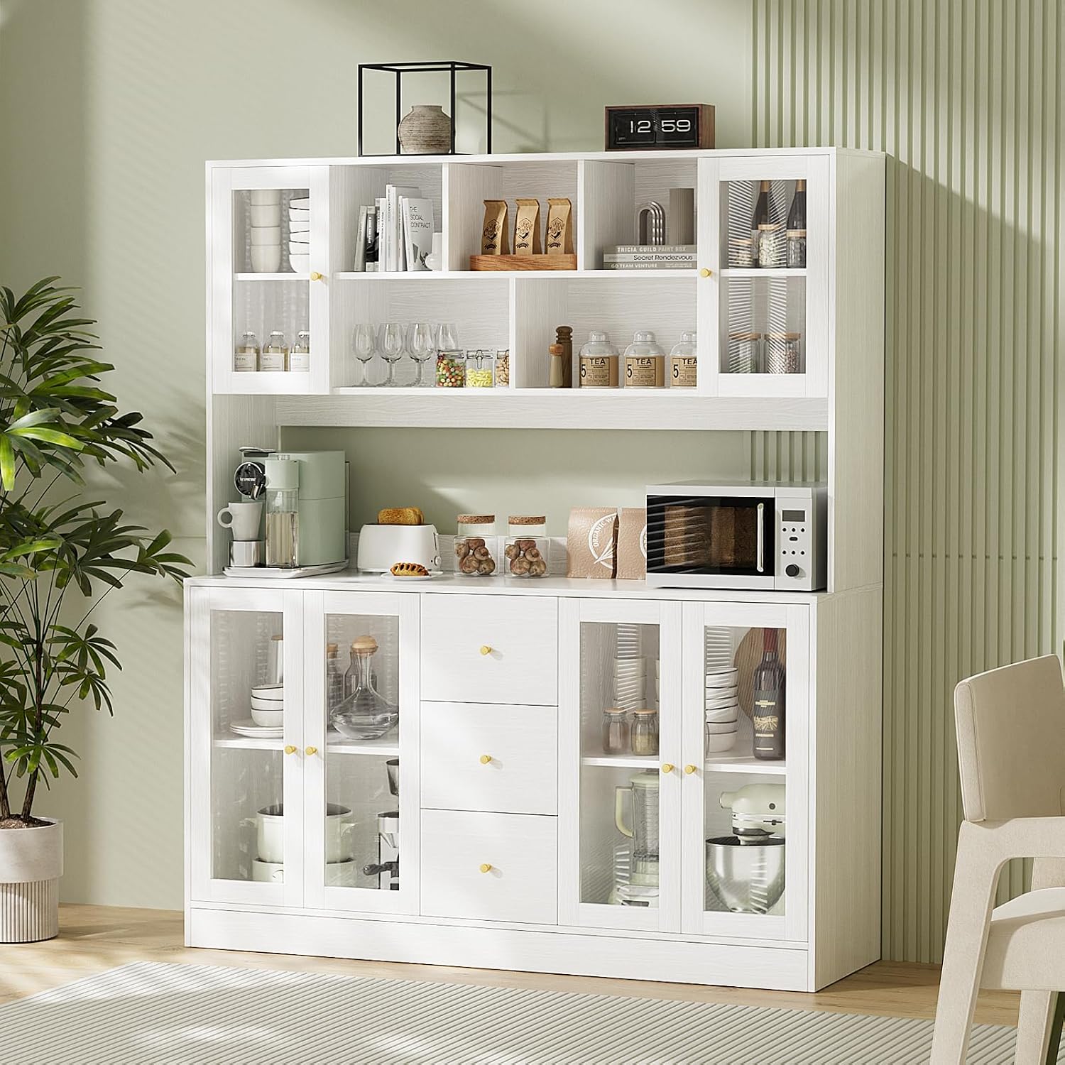 VOWNER Large Kitchen Hutch Cabinet, Kitchen Pantry Storage Cabinet with 6 Glass Doors, 3 Drawers & Microwave Shelf, Freestanding Cupboard for Open Storage (White)
