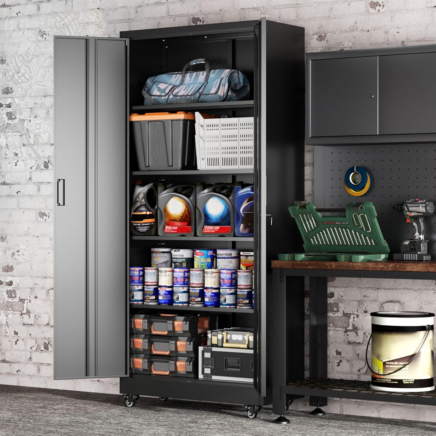 Greenvelly 73' Rolling Storage Cabinet,Black Metal Garage Cabinet with Locking Doors and 4 Adjustable Shelves for Home,Kitchen,Office,Warehouse(32' W x 16' D,Wheels)