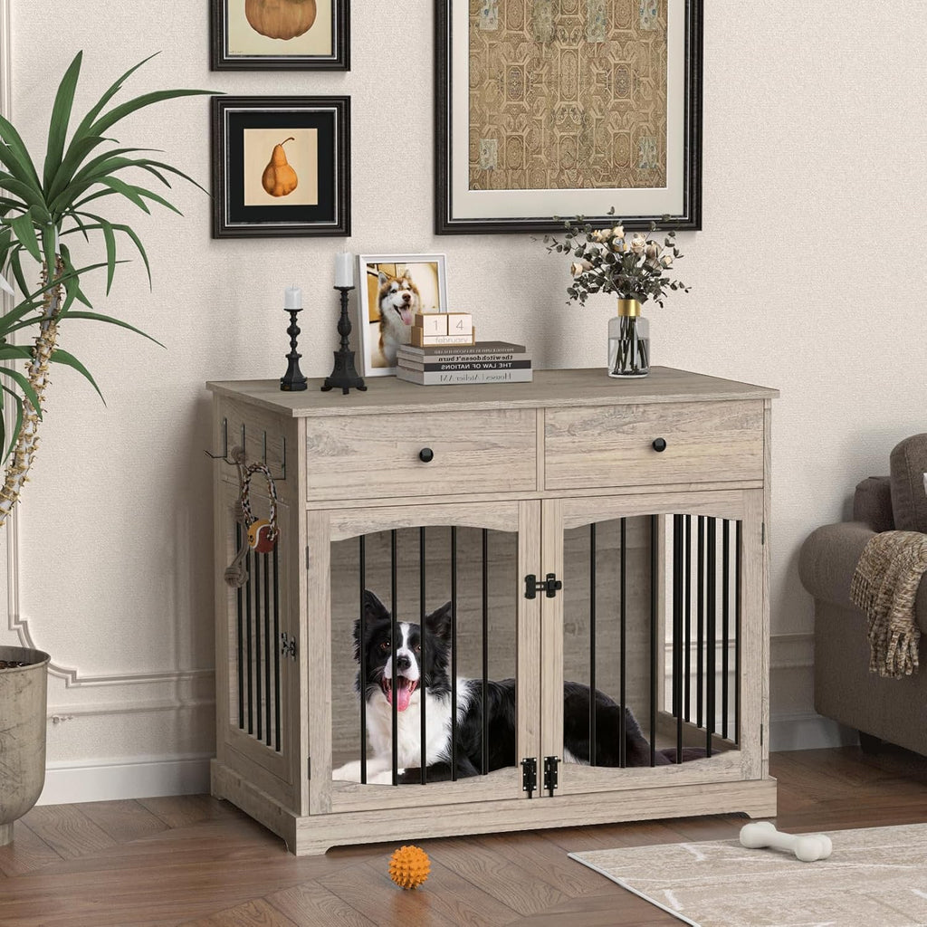 BREEZEHEAT Rustic Grey Dog Crate Furniture-40 inch Farmhouse Dog Kennel with Two Drawers-End Table Wooden Pet Crate, Decorative Dog House Indoor for Small Medium Large Dog