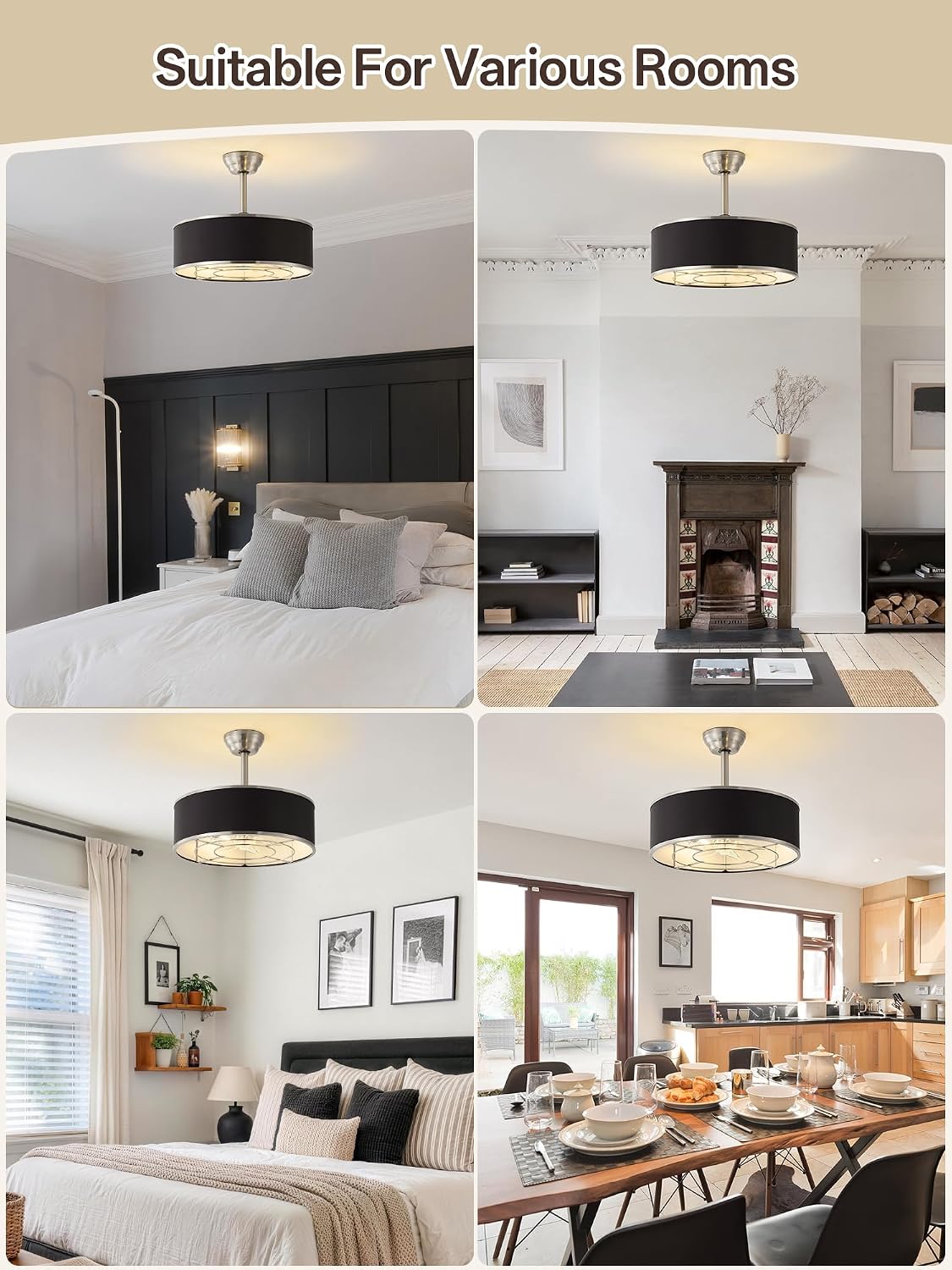 20' Black and Sliver Caged Boho Fandelier Ceiling Fan with Light & Remote Control - Bladeless Chandelier Fan, 6 Speed Quiet Reversible Motor for Bedroom, Nursery, Living Room