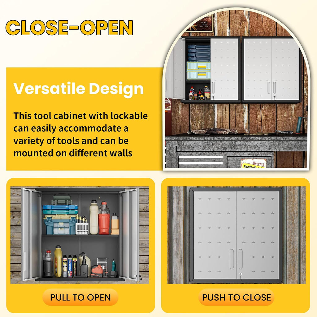 Garage Storage Cabinets Wall Mount, Locking Metal Wall Cabinets with Doors and Adjustable Shelves, Floating Hanging Storage Cabinet for Garage, Basement