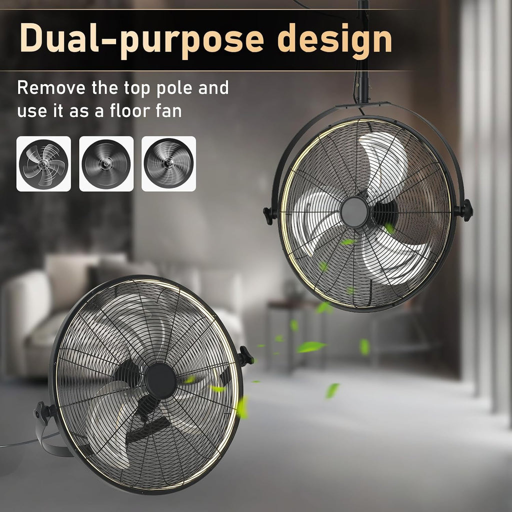 AHAWILL 22.8' Outdoor Hanging Ceiling Fan with Light - 360 Rotatable Fixed Angle,Plug-in,3CCT Dimmable,6 Speeds,Timer & Reversible,2-in-1 Hanging/Standing,Ideal for Gazebos,Patios,Tool Room,Garage.