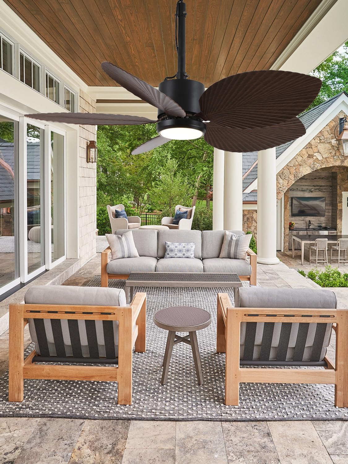 Parrot Uncle 42 Inch Outdoor Palm Leaf Ceiling Fan,IP66 Outdoor Waterproof Ceiling Fan with Light,3CCT 6-Speed Quite DC Motor, Wet Rated Plug in Fans for Patios Porch Pergola (Brown & Black)