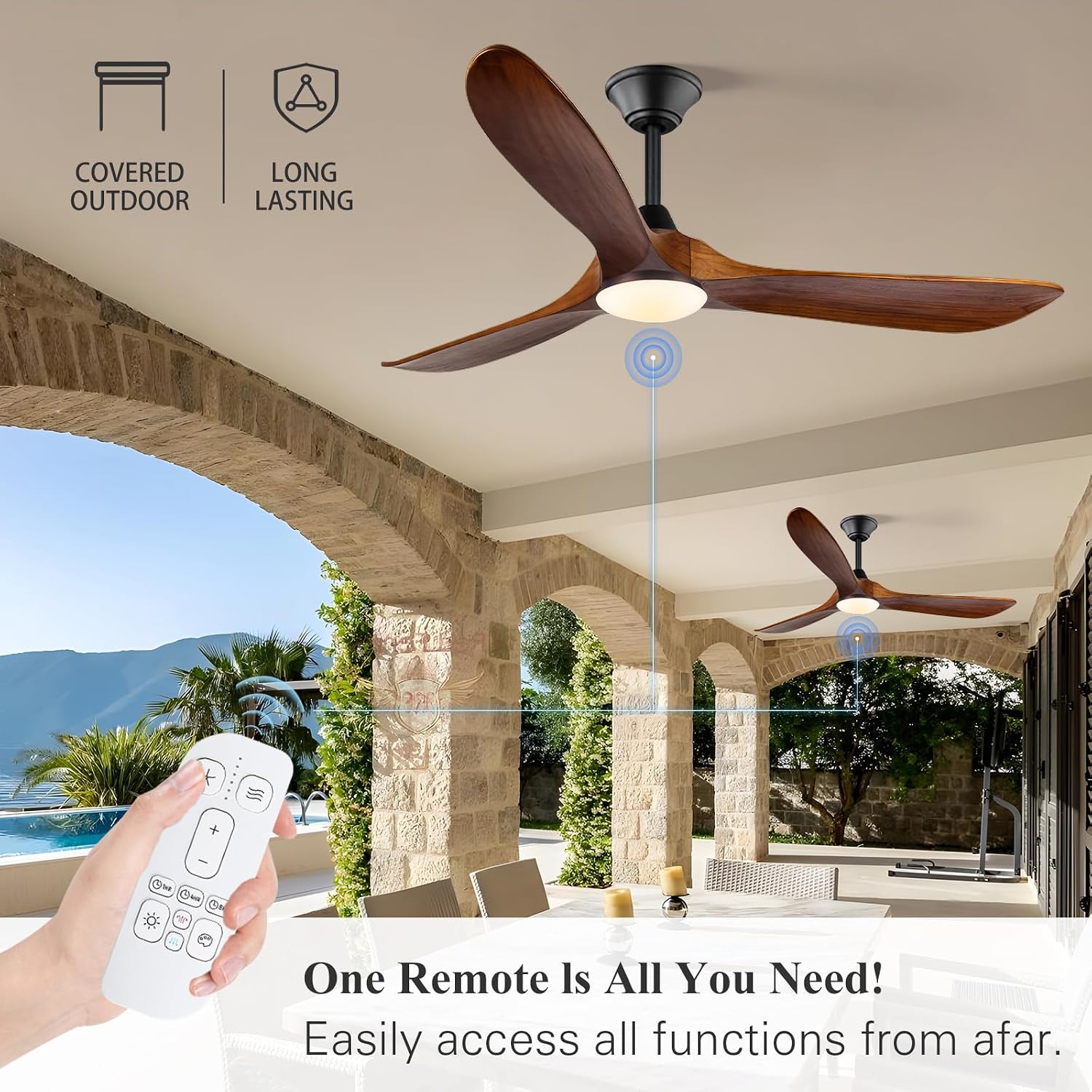 60 Inch Wood Ceiling Fan with Light and Remote, Rustic Farmhouse Ceiling Fan with Reversible DC Motor, Damp Rated Outdoor Ceiling Fans for Patios Porch Commercial, 3 Down Rods