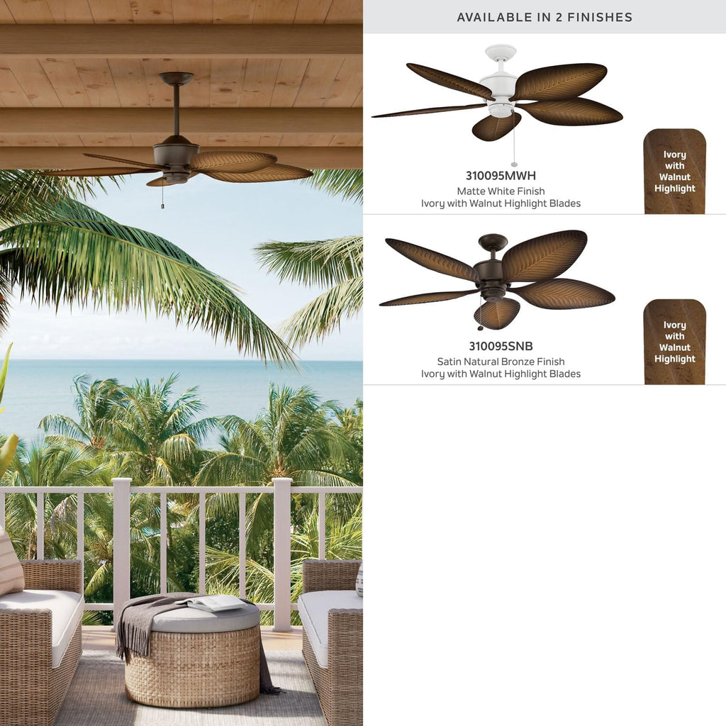 Kichler Nani 56 Inch Weather+ Outdoor 5 Blade Ceiling Fan in Matte White with Warm Maple Blades for covered outdoor spaces, (56' Dia x 13.25' H), 310095MWH