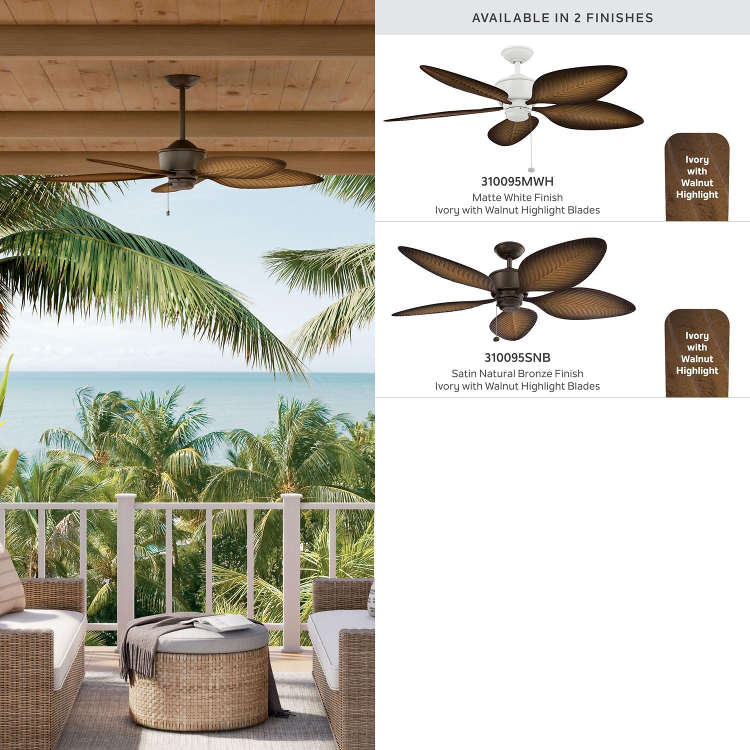 Kichler Nani 56 Inch Weather+ Outdoor 5 Blade Ceiling Fan in Matte White with Warm Maple Blades for covered outdoor spaces, (56' Dia x 13.25' H), 310095MWH