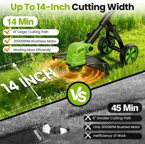 14' Electric String Trimmer Cordless Battery Powered Weed Eater with Wheel, 3-in-1 Cordless Grass Trimmer/Electric Weed Wacker/Edger, Weed Trimmer with 8 Replacement Spools for Garden, Lawn (Green)