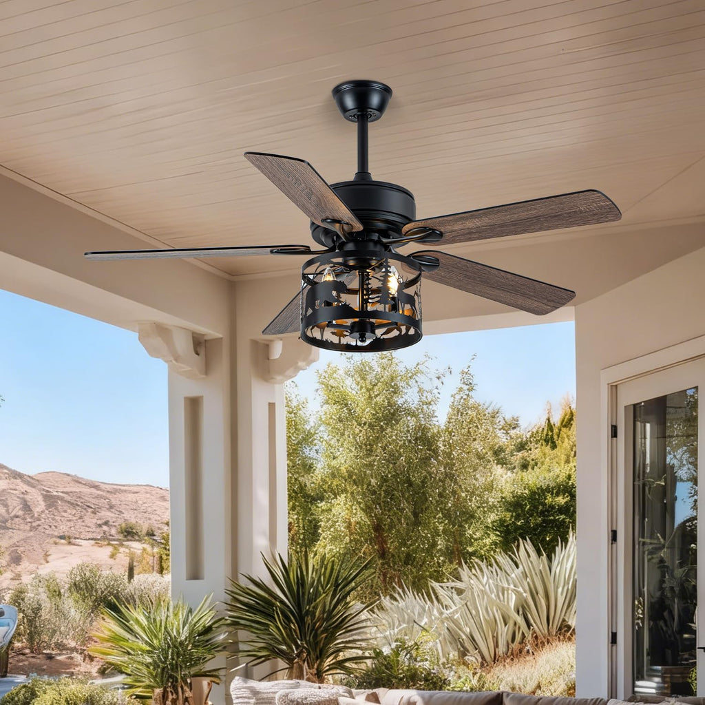52' Farmhouse Ceiling Fan with Light and Remote, Rustic Fandelier Ceiling Fan with Deer & Bear Cut-out Drum Cage, Quiet Reversible DC Motor for Bedroom, Living Room, Kitchen, Black
