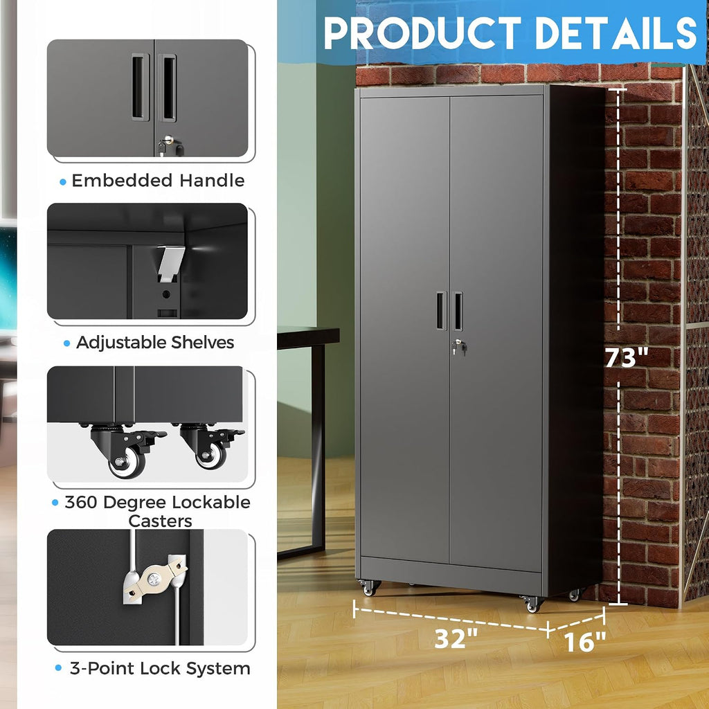 Greenvelly Metal Garage Storage Cabinet with 4 Swivel Wheels, 73' Black Storage Cabinet on Wheels, Rolling Tool Cabinet with Locking Doors and Shelves for Garage, Basement, Home, Warehouse
