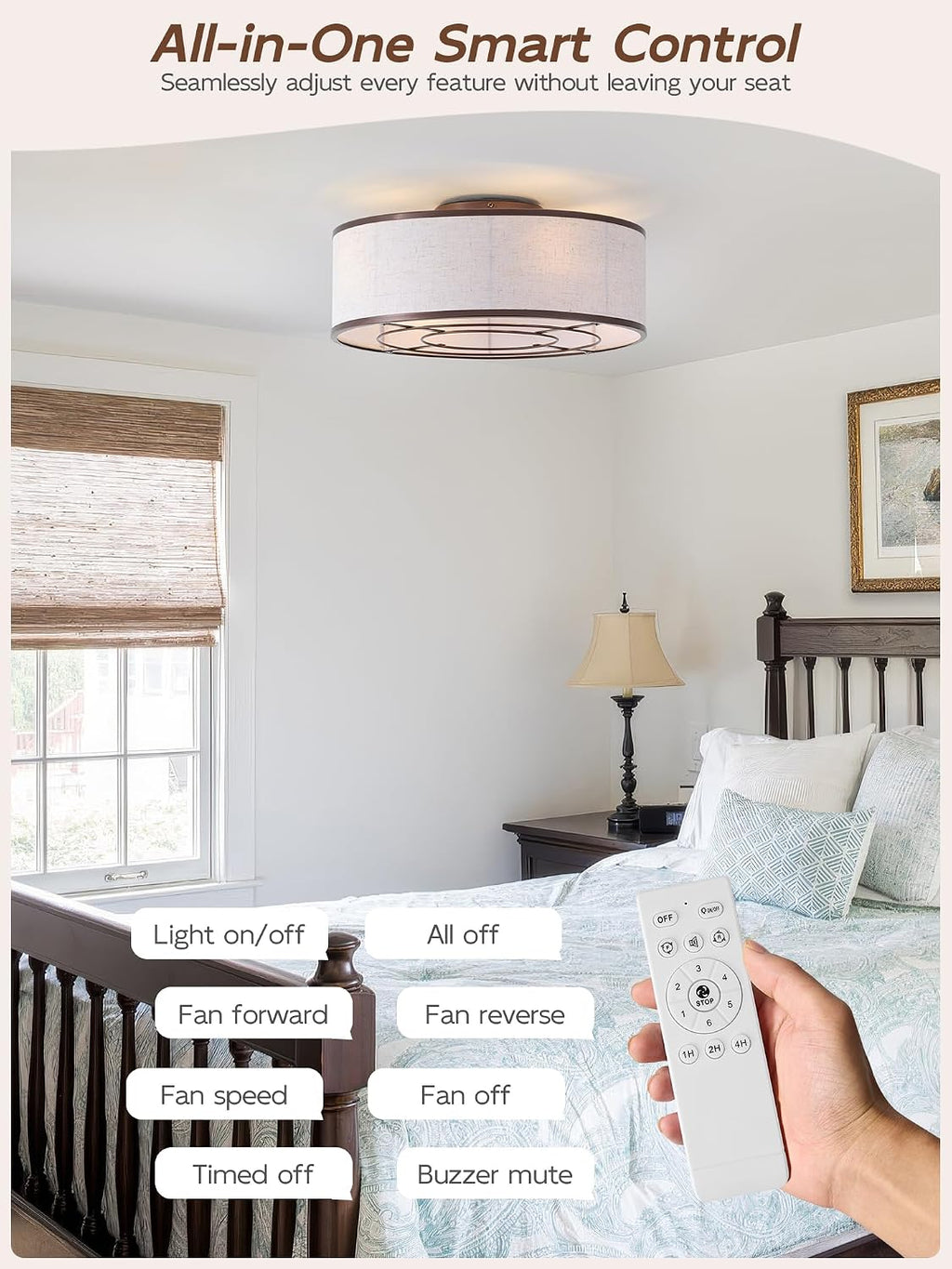 20' Brown Ceiling Fans with Lights, Boho Flush Mount Ceiling Fan with Light and Remote, Drum Fabric with 6 Speeds for Bedroom, Nursery, Living Room