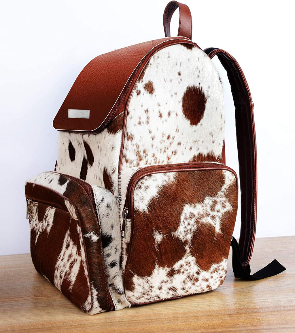 Cowhide Print Hair Diaper Bag Leather Backpack Rucksack/Knapsack Shoulder Travel Bag Brown & White (With Custom Name)