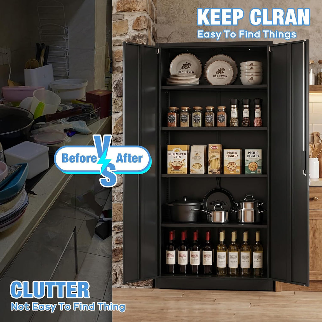 SUXXAN Metal Storage Cabinet with Doors and Shelves, 71' H Locking Steel Garage Cabinet for Home Office Studio Pantry,Tall Tool File Cabinet Black, Assembly Require