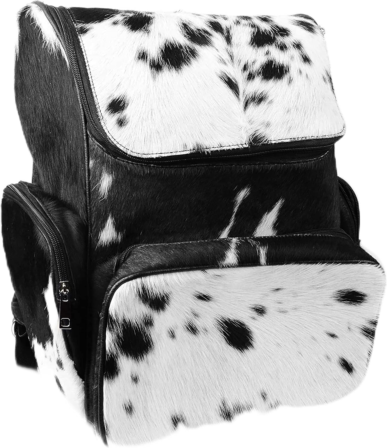 Black Cowhide Leather Diaper Bag Backpack - Western Style Mother's Day Gift Artisan Cow Print Travel Rucksack for Stylish Moms