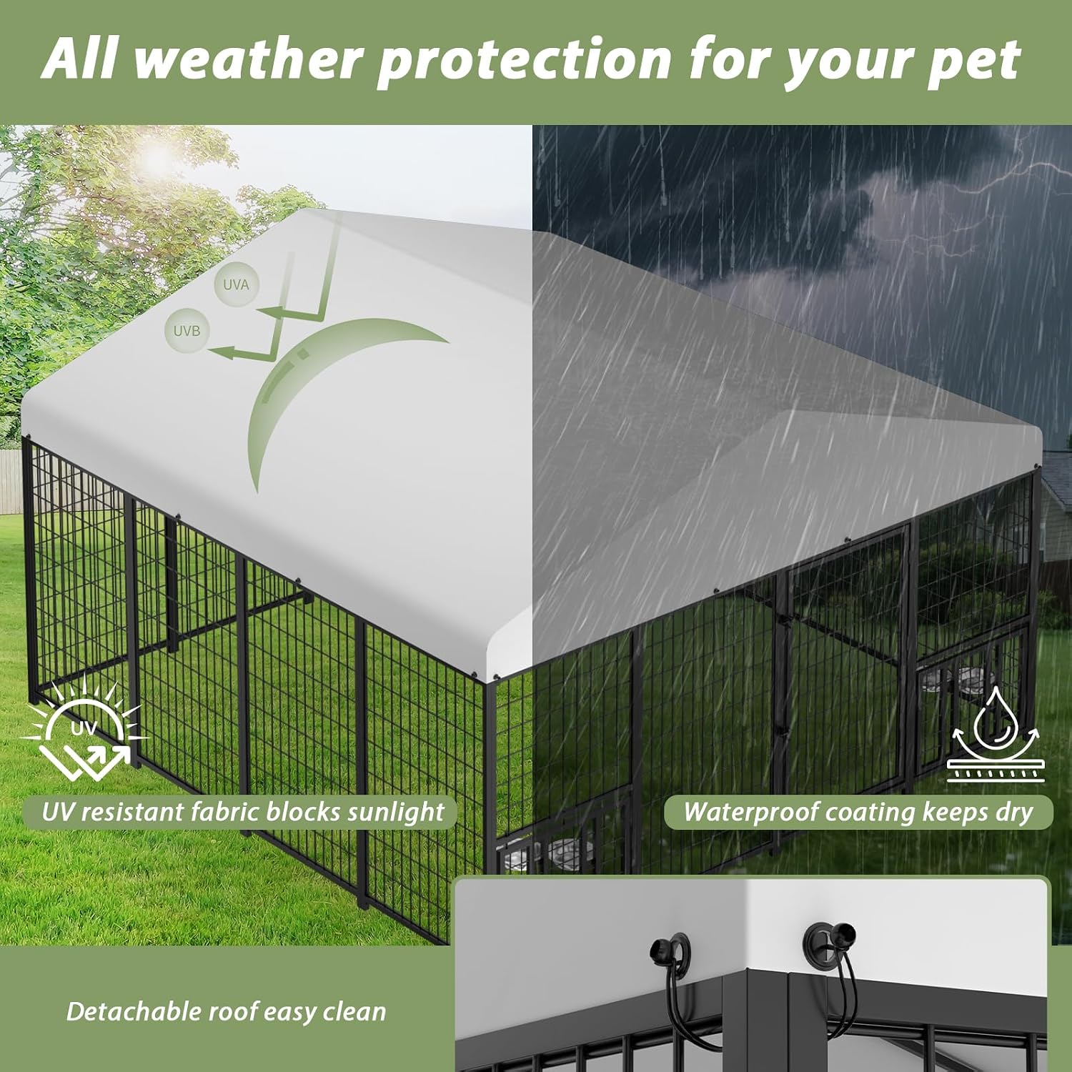 LOVMOR Outdoor Dog Kennel with Roof, Heavy Duty Steel Dog Run Enclosure for Large Dogs, Waterproof Canopy, Double Latch Door, Adjustable Feeding Bowls, Pet Pen for Yard and Patio, 10'L x 10'W x 6.5'H