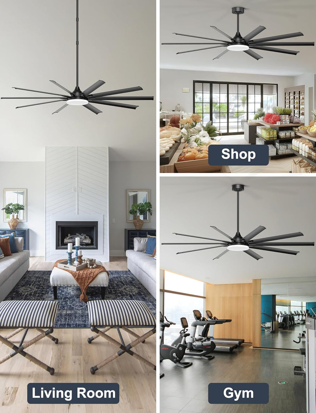 Ohniyou 96'' Industrial Ceiling Fan with Bright Lights - Remote/APP Control, High CFM, Extra Large Shop Ceiling Fan for Covered Outdoor Patio, Gym, Black