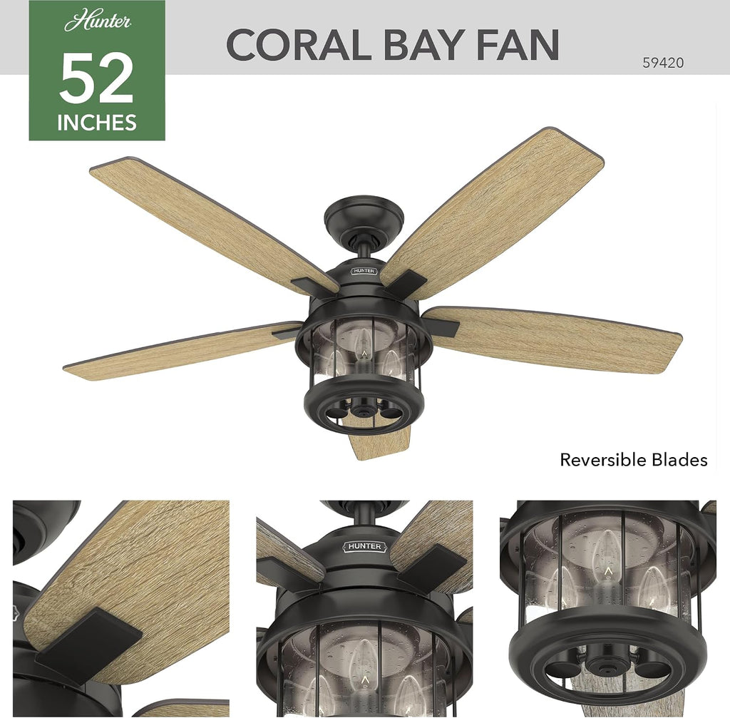 Hunter 52 inch Outdoor or Indoor Ceiling Fan with LED Lights and Remote Control - Bronze Ceiling Fan, Standard Mount, 5 Blades, For Patio, Porch, Garage, or Living Room - Coral Bay 59420, Noble Bronze