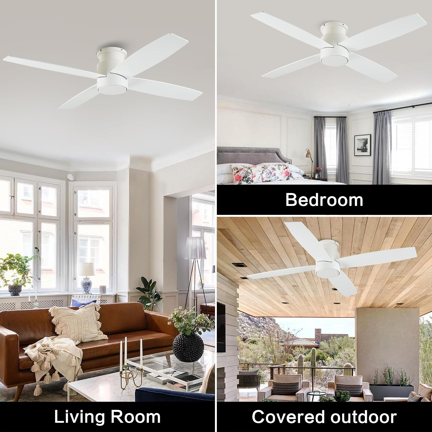 WINGBO 52' Flush Mount DC Ceiling Fan without Lights, 4 Reversible Blades, Ultra Quiet 6-Speed DC Motor, Hugger Low Profile Indoor Ceiling Fan No Lights, White Finish
