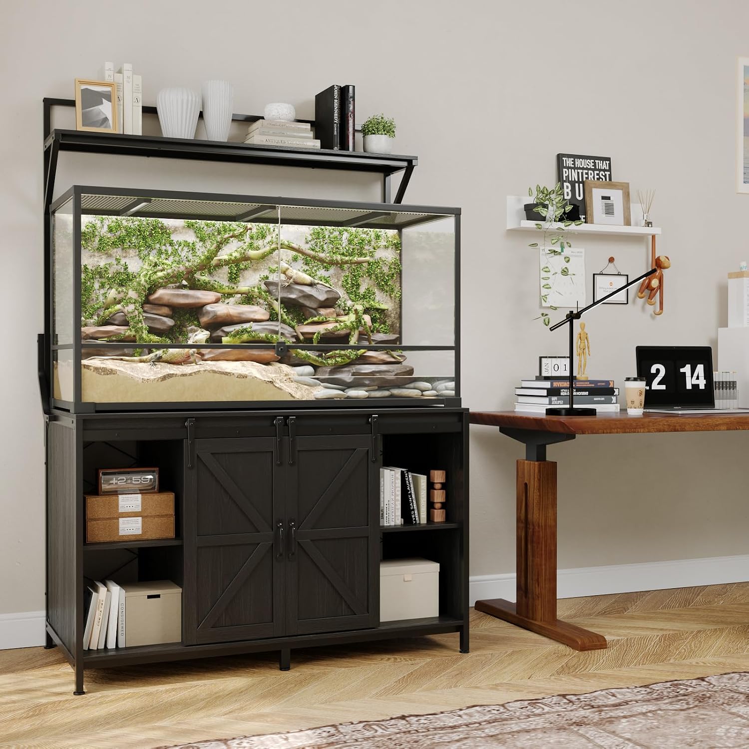 VOWNER Farmhouse Reptile Tank Stand with Power Outlet, 48' X 24' Tabletop Fits up 120 Gallon Bearded Dragon Tank, Heavy Duty Aquarium Stand with Storage Cabinet, Reptile Turtle Terrarium Stand Black