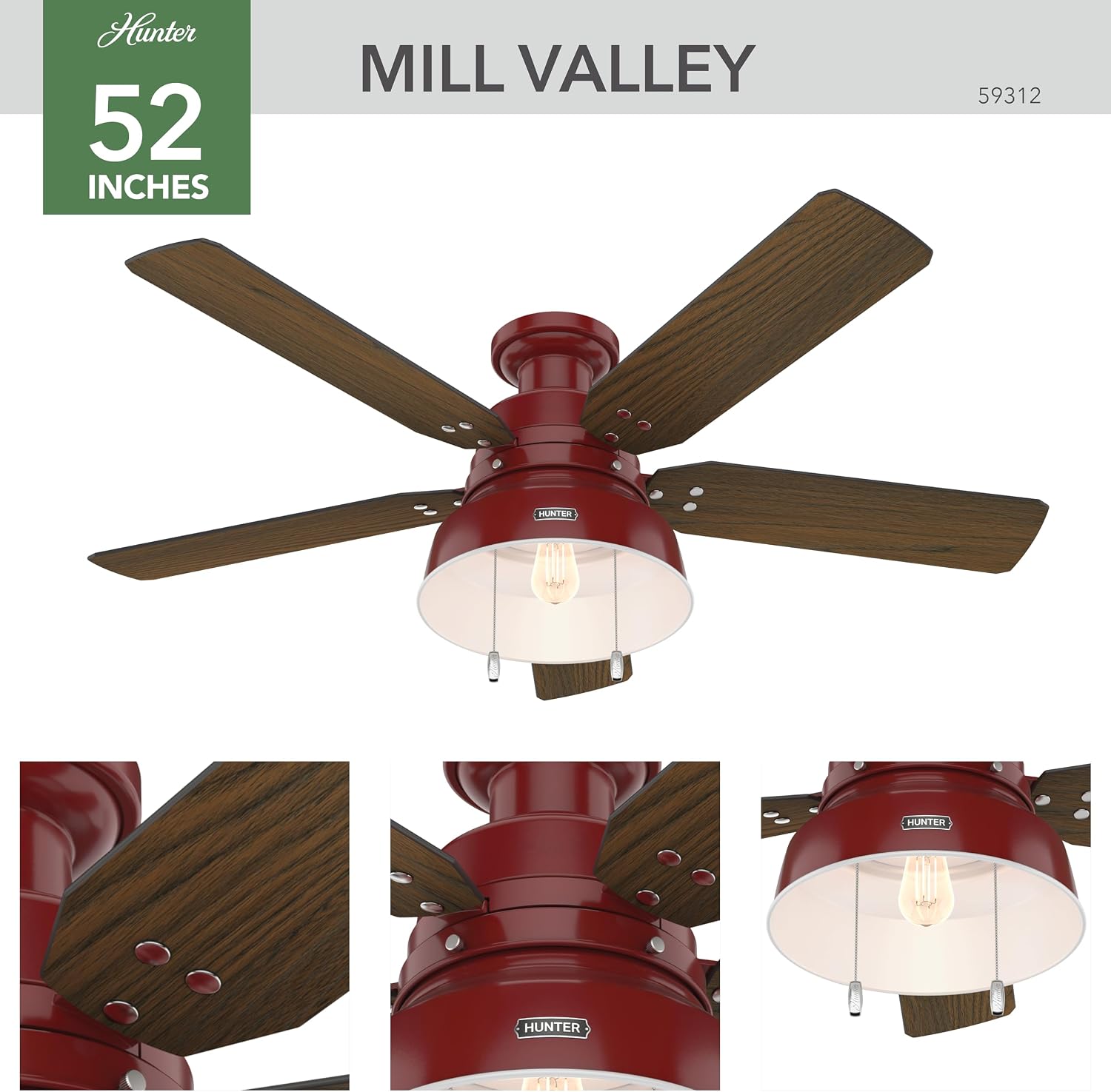 Hunter 52 inch Outdoor or Indoor Ceiling Fan with LED Light - Rustic Ceiling Fan with Pull Chain, For Bedroom, Living Room, or Patio, Low Profile Mount, No Remote - Mill Valley 59312, Barn Red