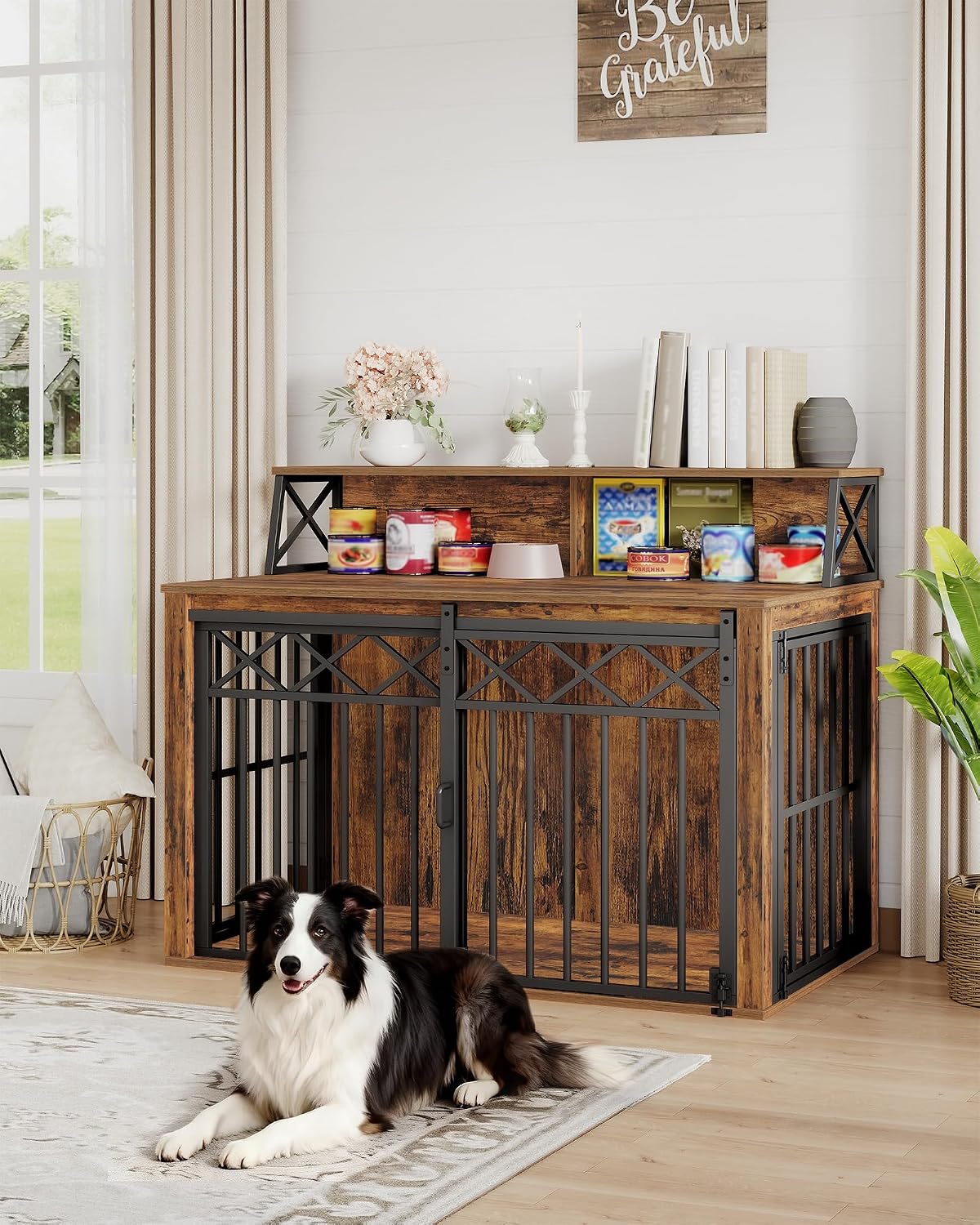 Hzuaneri 39.4'' Dog Crate Furniture, Large Wooden Dog Crate with Storage and 3 Doors, Indoor Kennel for Medium/Large Dogs, End Table with Barn Door, Chew-Proof and Escape-Proof, Rustic Brown DFC87401B