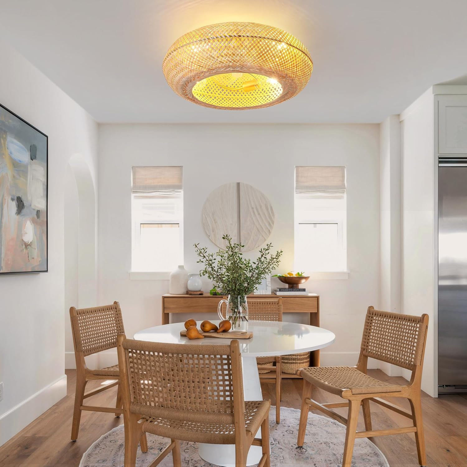 Boho Ceiling Fan with Lights: 20' Bamboo Low Profile Rattan Caged Farmhouse Ceiling Fans with Light Flush Mount Remote Control 6 Speeds for Bedroom Living Room Kitchen