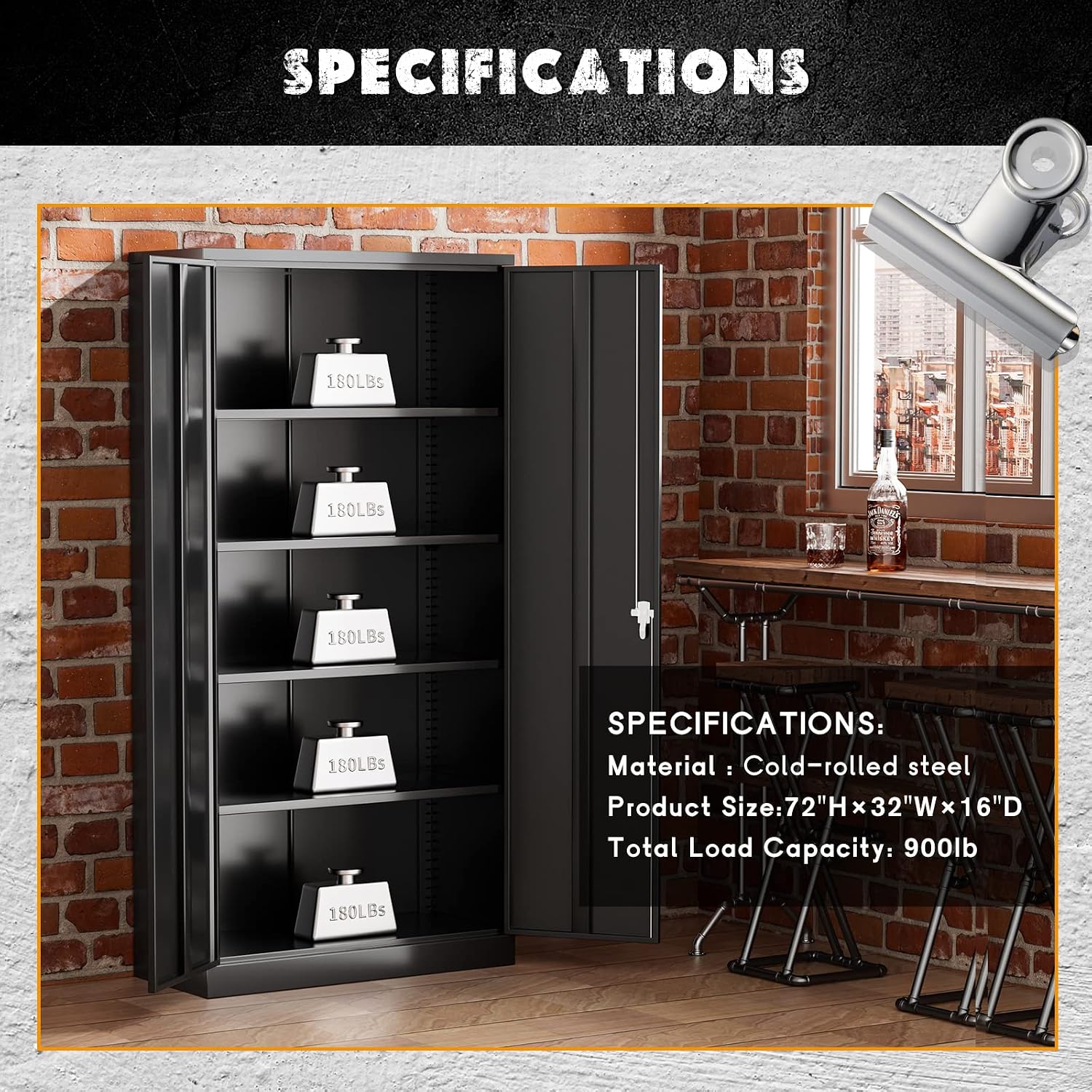 Greenvelly Storage Cabinet, 72' Black Garage Steel Locking Cabinet with Doors and 4 Adjustable Shelves, Tall Lockable File &Tool Cabinet for Home Office, Metal Classroom Cabinet Basement