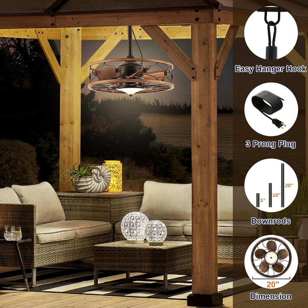 Outdoor Ceiling Fans for Patios Waterproof, Plug in Gazebo Fan Outdoor Hanging with Hook, 3 Color Light Remote Control, Strong 6 Speed, 20' Small Wet Rated for Outside Porch, Pergola, Garage