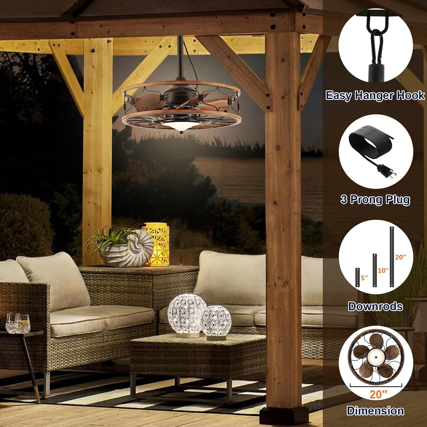 Outdoor Ceiling Fans for Patios Waterproof, Plug in Gazebo Fan Outdoor Hanging with Hook, 3 Color Light Remote Control, Strong 6 Speed, 20' Small Wet Rated for Outside Porch, Pergola, Garage