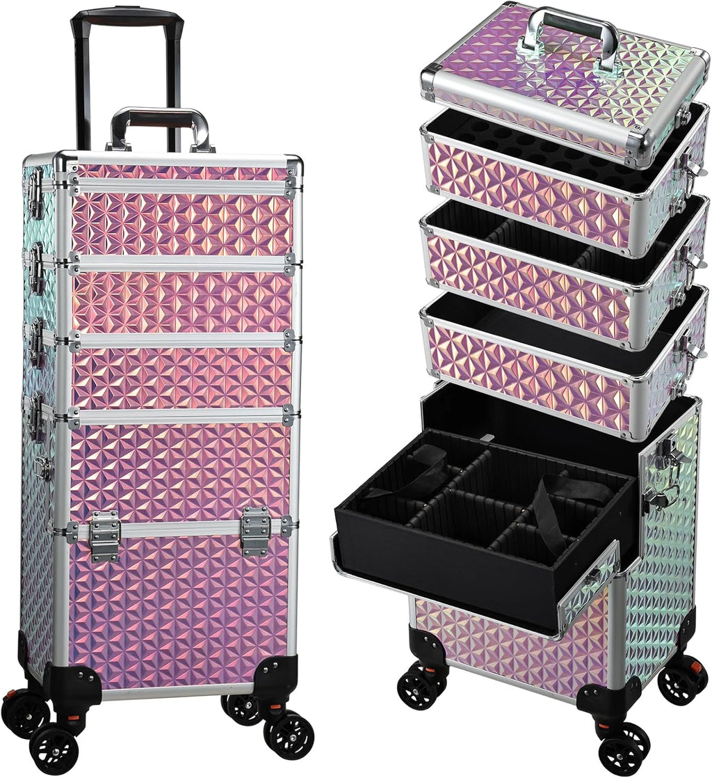 Yueieoun 5 in 1 Rolling Makeup Case, Cosmetology Case on Wheels Travel Make up Train Case Nail Cart Makeup Organizer Cosmetic Storage Box Cases Extra Large Trolley Truck with 360° Swivel Wheels, Pink