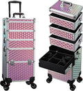 Yueieoun 5 in 1 Rolling Makeup Case, Cosmetology Case on Wheels Travel Make up Train Case Nail Cart Makeup Organizer Cosmetic Storage Box Cases Extra Large Trolley Truck with 360° Swivel Wheels, Pink