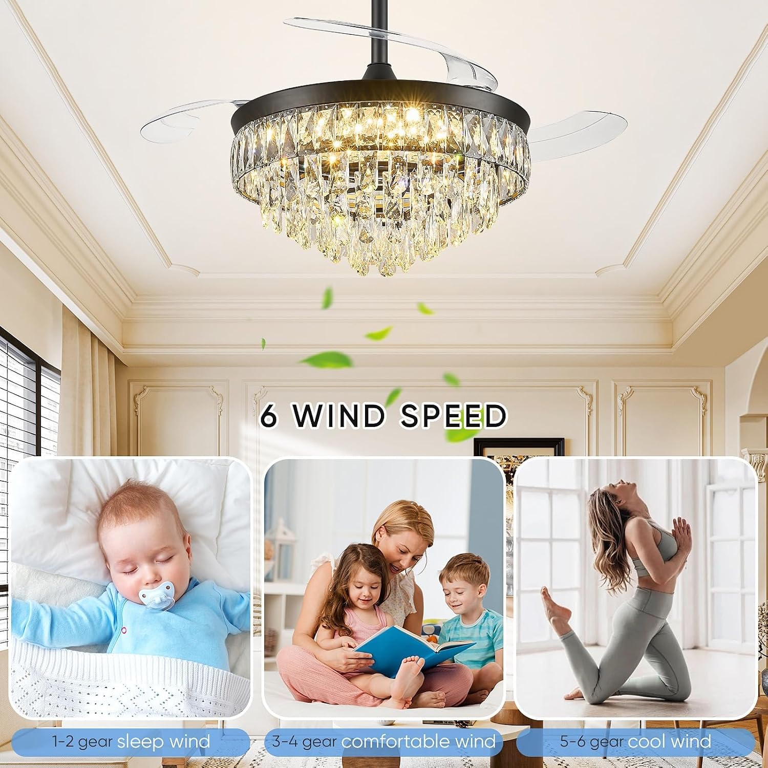 48 Inch Chandelier Ceiling Fan with Lights, Retractable Fan with Remote and APP, Crystal Fandelier Ceiling Fan, Dimmable LED, Reversible Motor, Quiet for Bedroom Living Room-Black