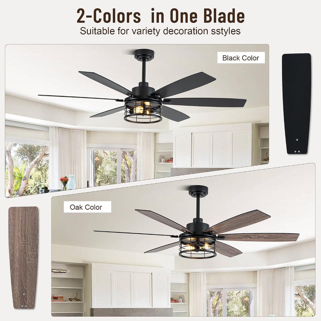 60' Large Ceiling Fans with Lights,Modern Farmhouse Caged Ceiling Fan with Light and Remote,6 Speeds,Reversible Motor,6 Double Finish Wood Blades,Black Rustic Ceiling Fan for Living Room Dining Room