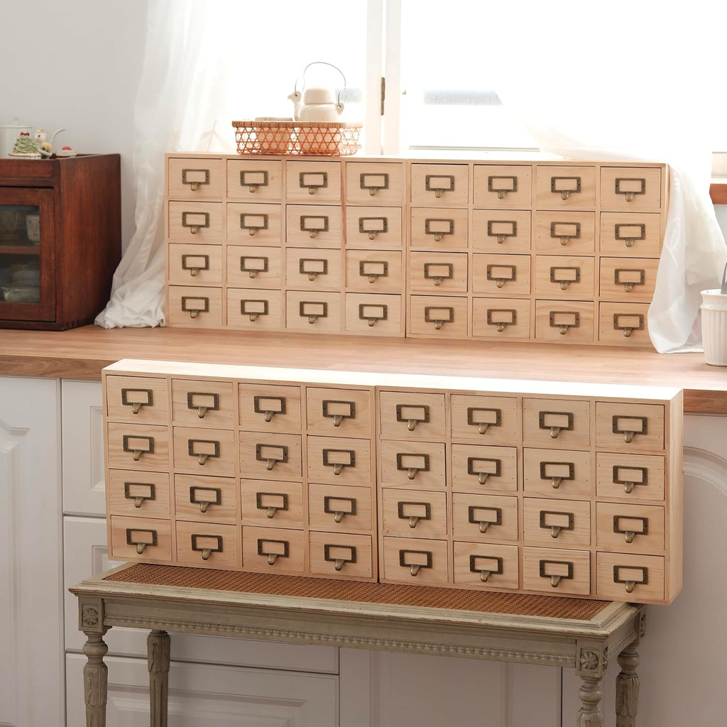 Creative Storage Wall 64-Drawer Modular Apothecary Cabinet, Stackable Light Wood Library Card Catalog Organizer with Label Holders, for Stickers, Beads, Pins, Stamps & Scrapbooking