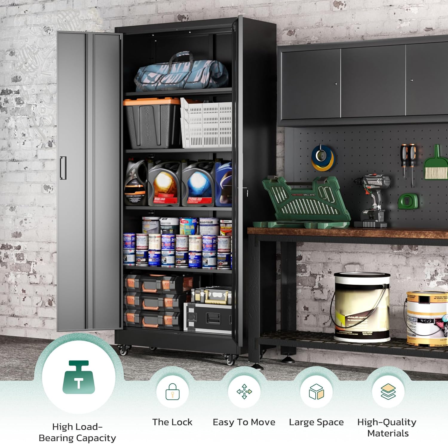 Greenvelly 73' Storage Cabinet with Wheels,Metal Rolling Garage Cabinet with Locking Doors and 4 Adjustable Shelves for Home,Kitchen,Office,Warehouse(32' W x 16' D)