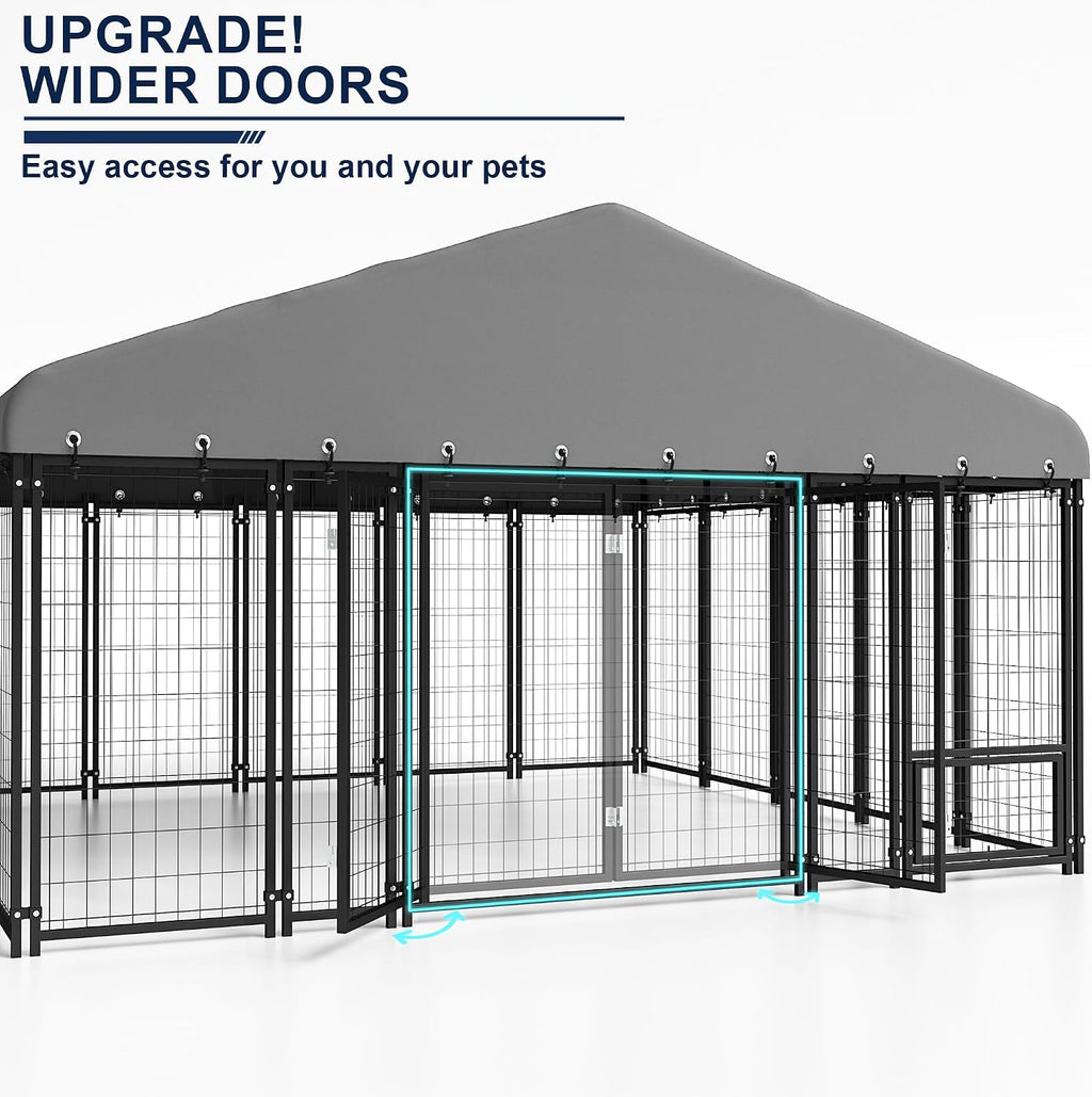 10X10FT Large Dog Kennel Outdoor Dog Enclosure Outside, Double Door Heavy Duty Galvanized Steel Dog Crate Durable Dog Cage with Roof & Double Lock