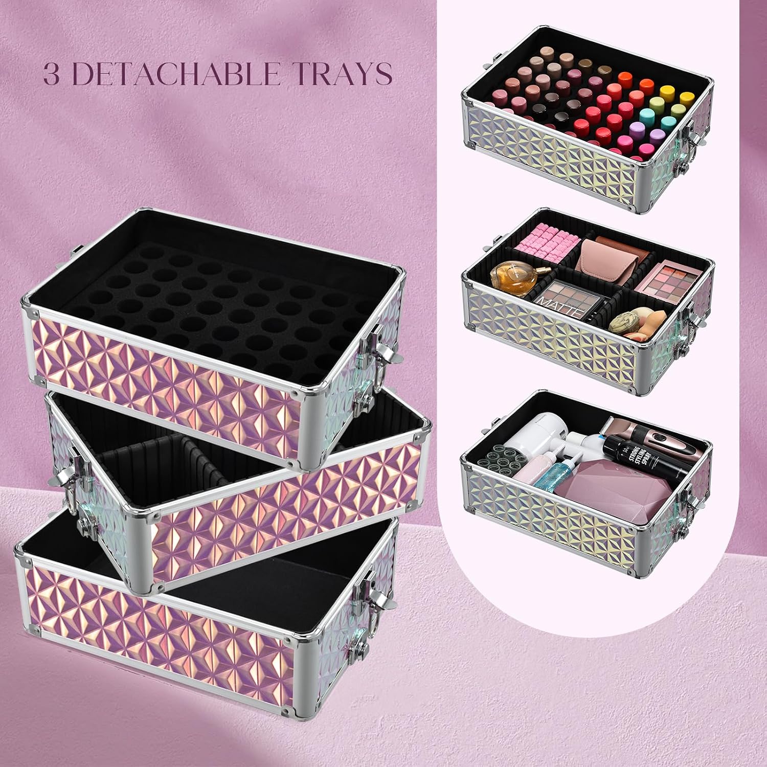 Yueieoun 5 in 1 Rolling Makeup Case, Cosmetology Case on Wheels Travel Make up Train Case Nail Cart Makeup Organizer Cosmetic Storage Box Cases Extra Large Trolley Truck with 360° Swivel Wheels, Pink