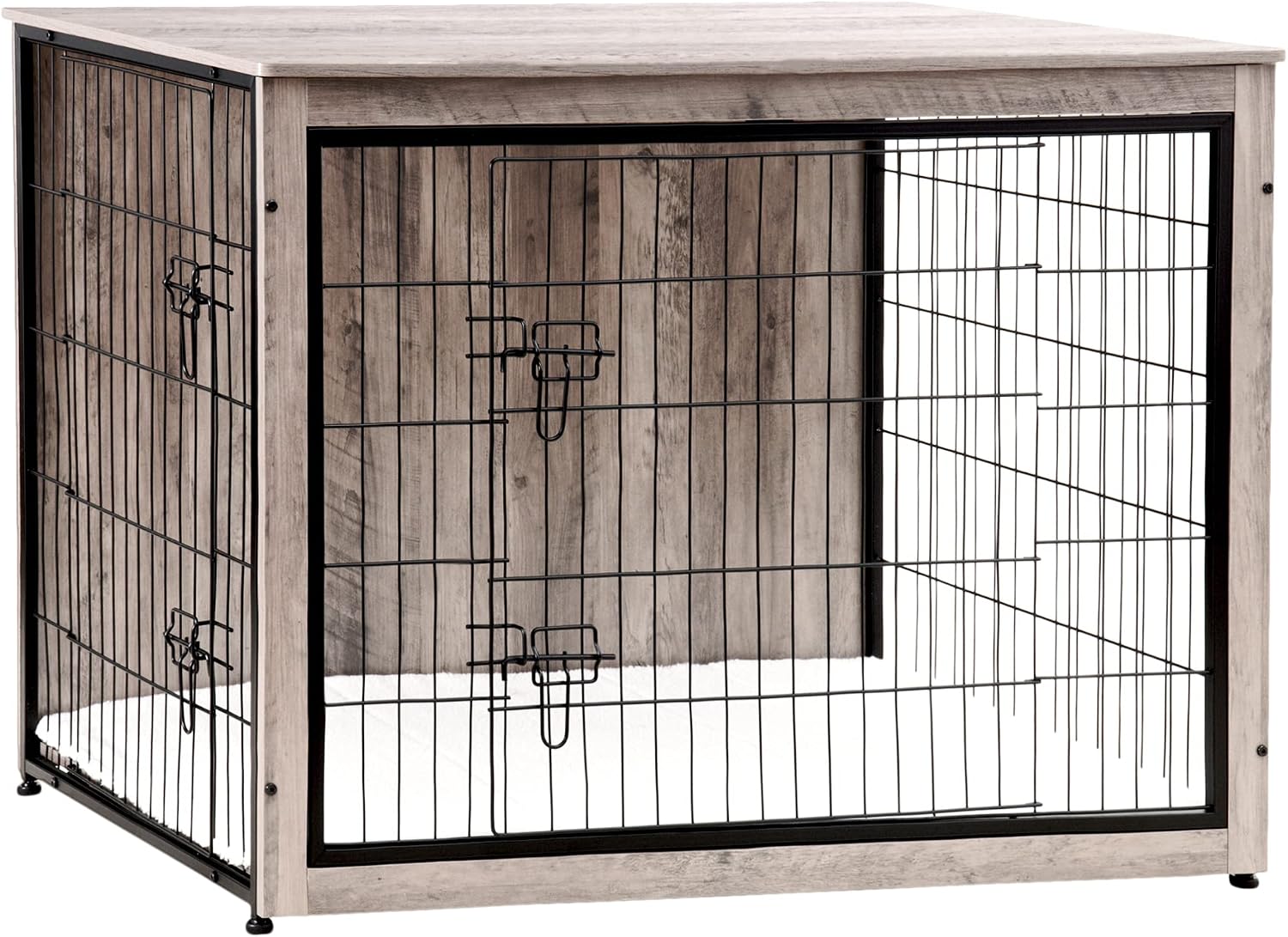 DWANTON Dog Crate Furniture with Cushion, Wooden Kennel Table with Double Doors, Indoor Dog House, Extra Large Size, 43.3' L, Greige