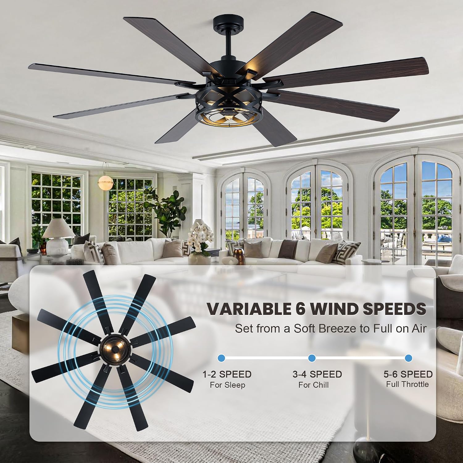 Dawn Whisper Black Ceiling Fans with Lights 72 Inch Farmhouse Ceiling Fan with Remote Quiet Reversible DC Motor 6 Speeds 8 Blades Large Industrial Chandelier Fan for Living Room Bedroom