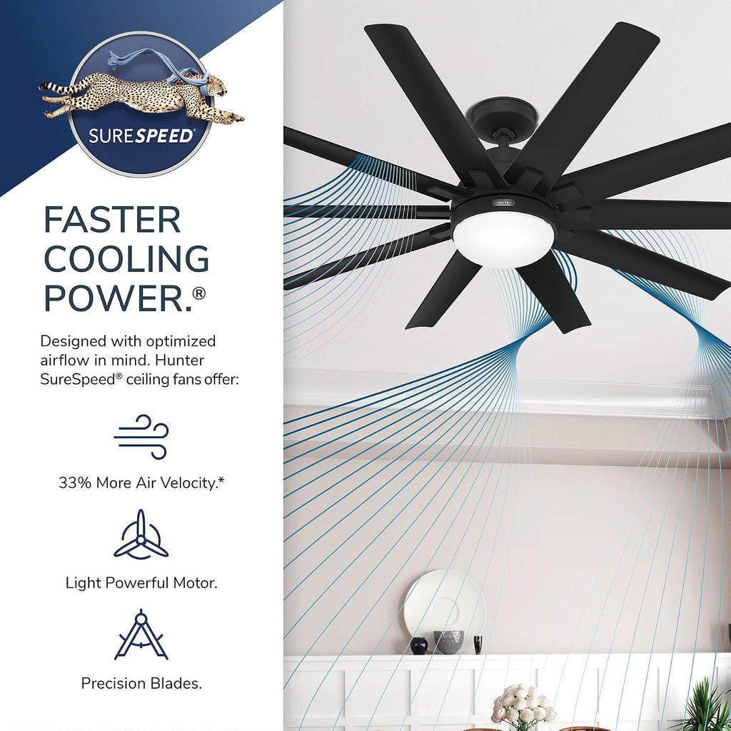 Hunter 60 inch Outdoor or Indoor Ceiling Fan with LED Light - Ceiling Fan with Wall Control, For Patio, Garage, or Porch, Quiet, Standard Mount, 10 Blades - Overton 50719, Matte Nickel