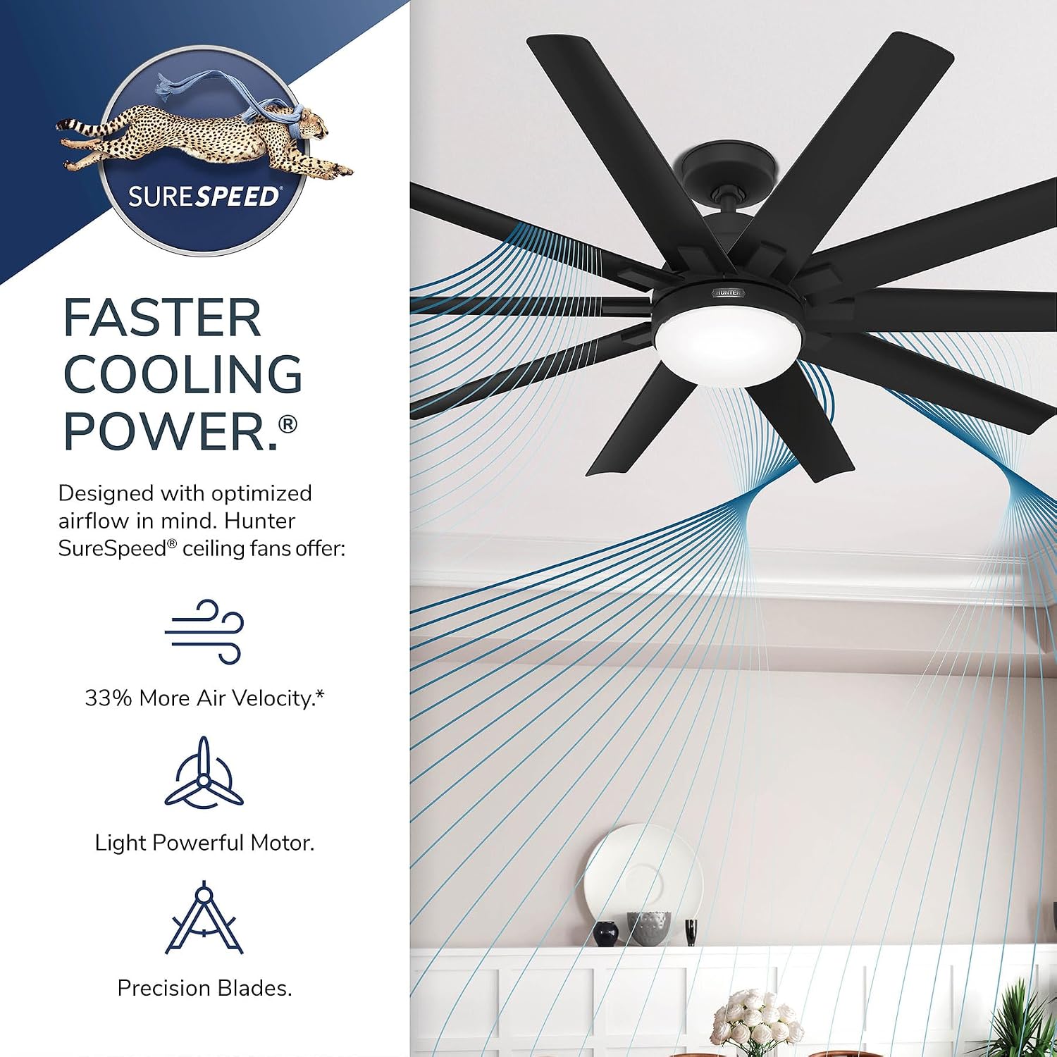 Hunter 60 inch Outdoor or Indoor Ceiling Fan with LED Light - Ceiling Fan with Wall Control, For Patio, Garage, or Porch, Quiet, Standard Mount, 10 Blades - Overton 50719, Matte Nickel