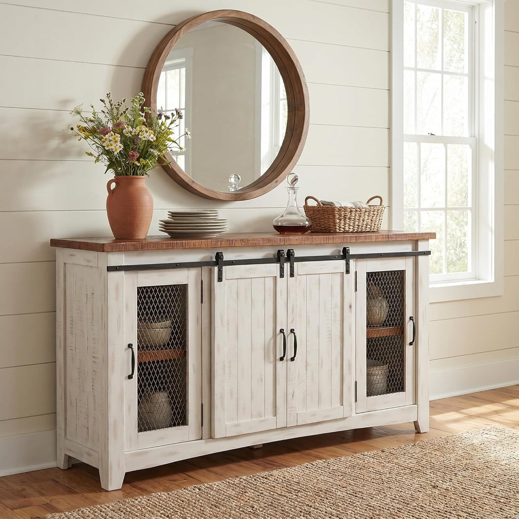 Martin Svensson Home 65' Solid Pine Wood Entertainment Center with Storage. Rustic TV Stand for TVs up to 70.' Sliding Doors, Adjustable Shelves & Cable Management – White and Honey Finish