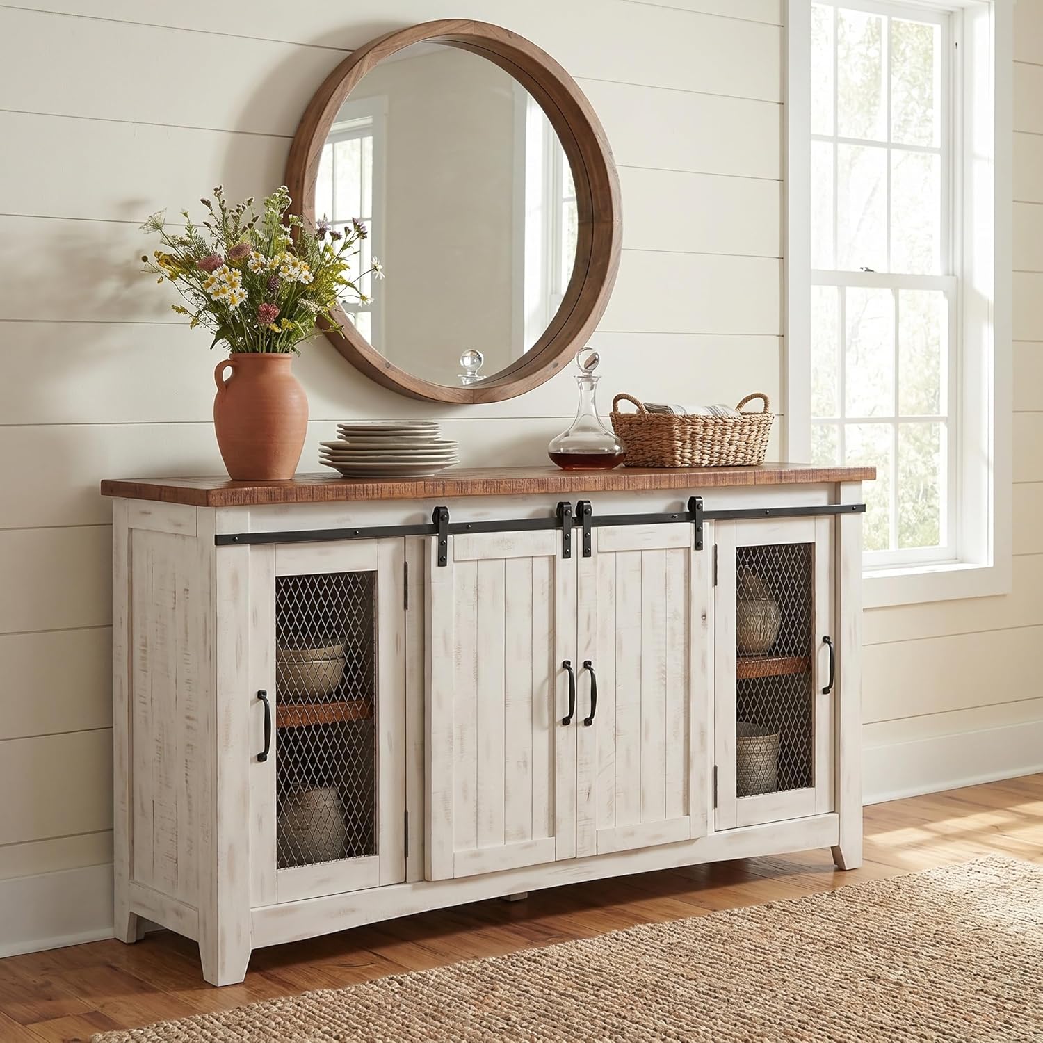 Martin Svensson Home 65' Solid Pine Wood Entertainment Center with Storage. Rustic TV Stand for TVs up to 70.' Sliding Doors, Adjustable Shelves & Cable Management – White and Honey Finish