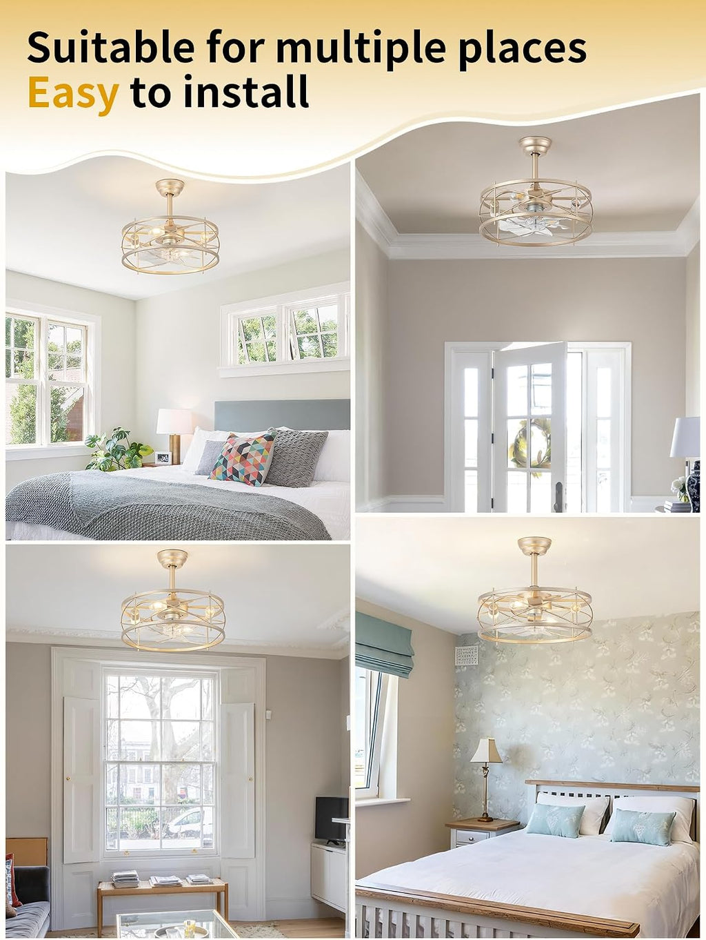 20' Farmhouse Fandelier Ceiling Fan with Light, Caged Bladeless Ceiling Fans with Lights and Remote, Rustic Small Enclosed with 6 Speeds for Bedroom, Kitchen, Living Room, Gold
