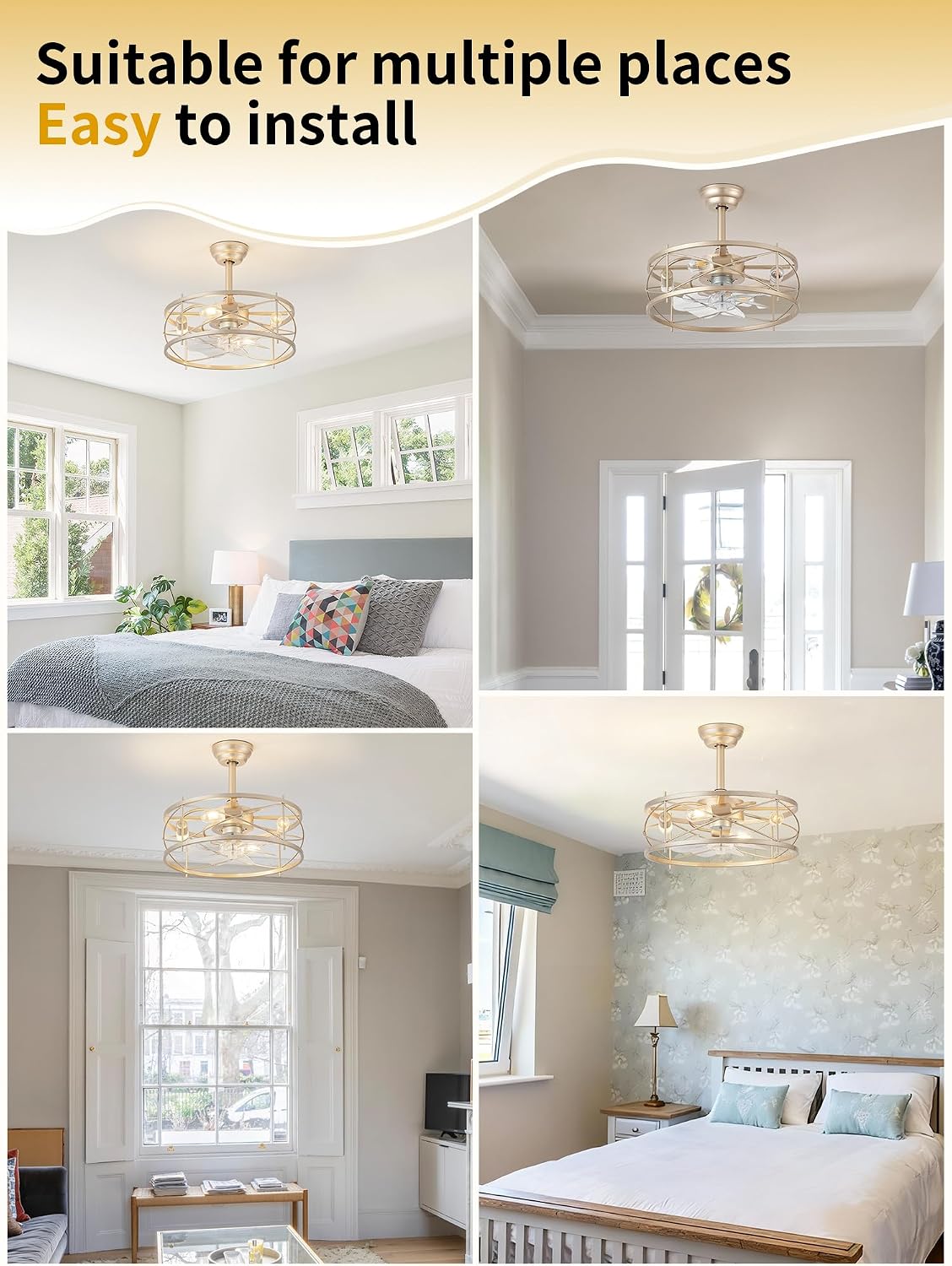 20' Farmhouse Fandelier Ceiling Fan with Light, Caged Bladeless Ceiling Fans with Lights and Remote, Rustic Small Enclosed with 6 Speeds for Bedroom, Kitchen, Living Room, Gold