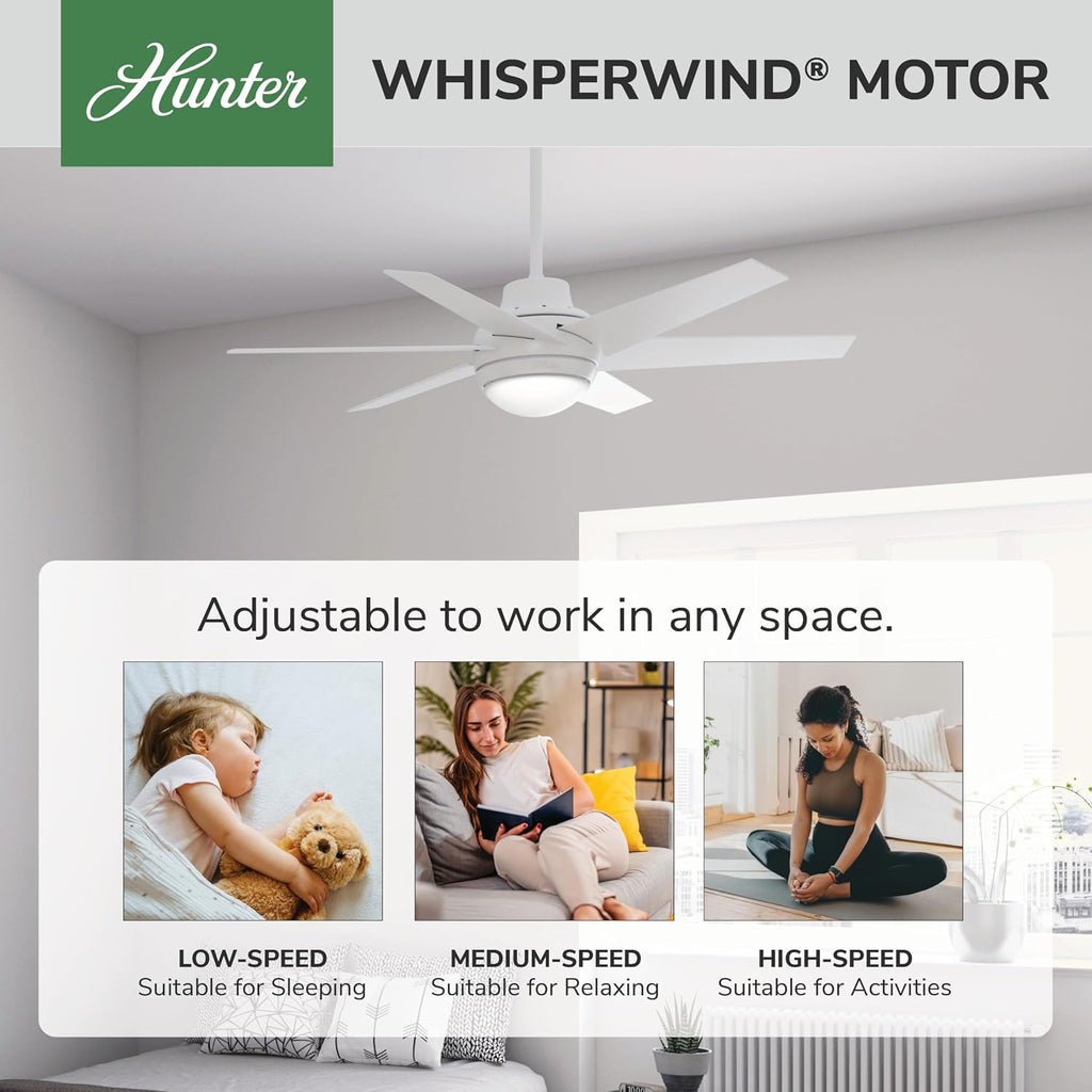 Hunter 52 inch Indoor Ceiling Fan with LED Light and Remote Control - Modern White Ceiling Fan, Standard Mount, 6 Blades, For Bedroom, Living Room, or Kitchen, Quiet - Sotto 50977, Fresh White