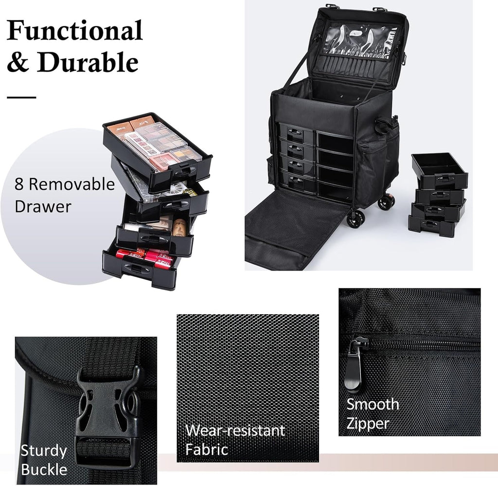 Stagiant Professional Rolling Makeup Case Soft Sided Cosmetology Organizer Wheeled Nylon Train Case Portable Travel Supply Station for Makeup Artist Nail Technician Hair Stylist Crafters