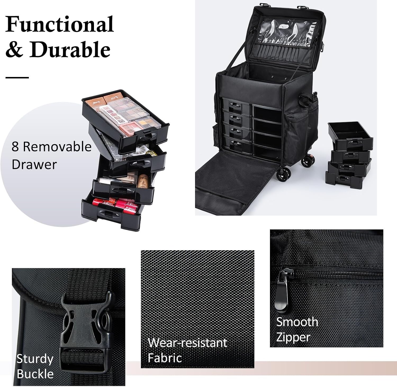 Stagiant Professional Rolling Makeup Case Soft Sided Cosmetology Organizer Wheeled Nylon Train Case Portable Travel Supply Station for Makeup Artist Nail Technician Hair Stylist Crafters